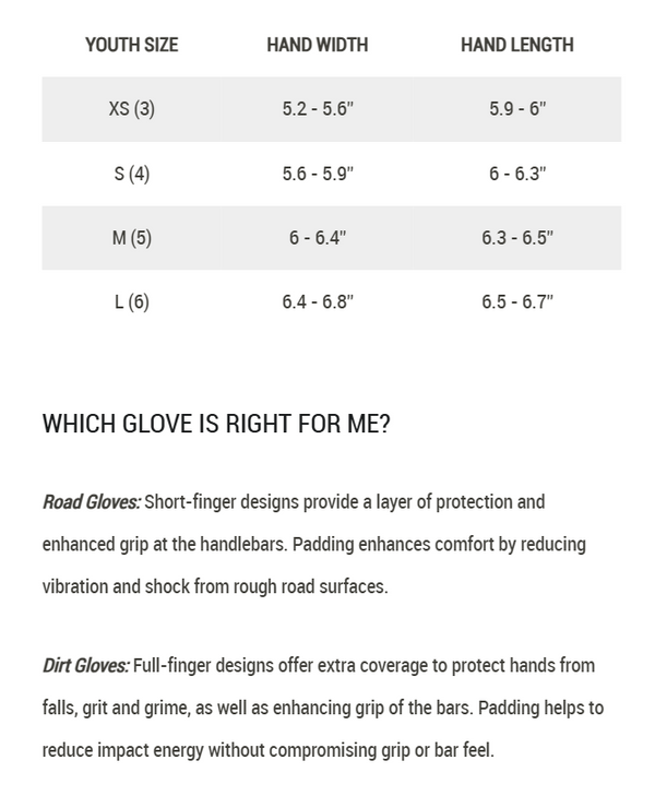 View Giro Bravo Jr. Kid's Short Finger Glove Size Chart