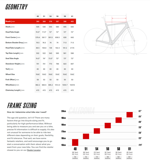 View Cervelo Caledonia 105 Size Chart