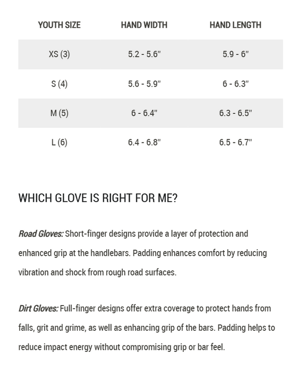 View Giro DND Jr. II Kid's Long Finger Glove Size Chart
