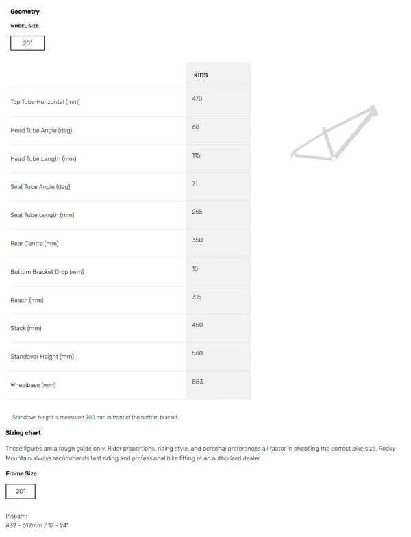 View Rocky Mountain Edge Jr 20 Size Chart