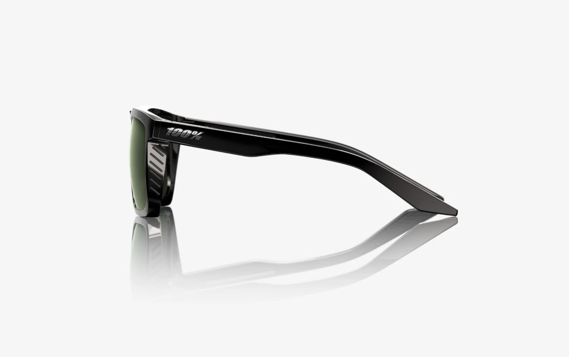 100% Renshaw Sunglasses Polished Black Frame Grey Green Lens
