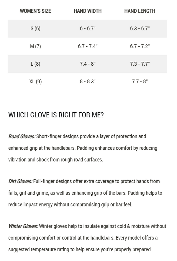View Giro Tessa Gel Women's Short Finger Glove Size Chart