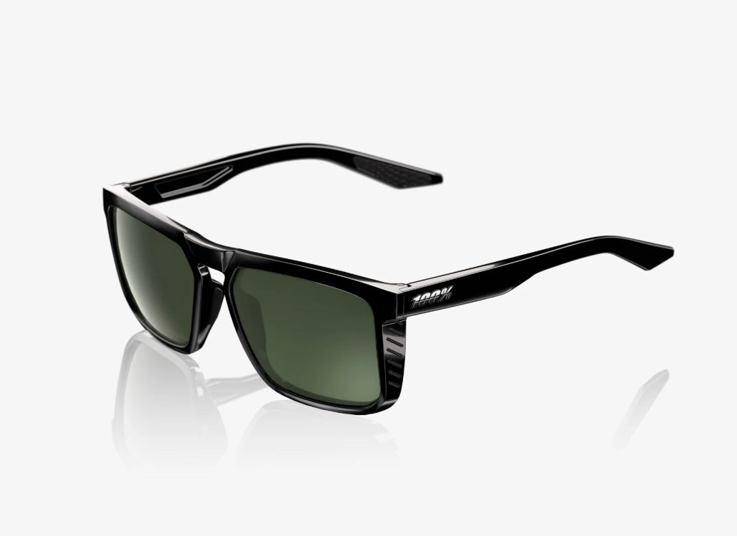 100% Renshaw Sunglasses Polished Black Frame Grey Green Lens