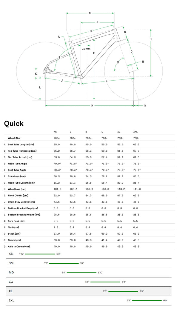 View Cannondale Quick 2 Size Chart